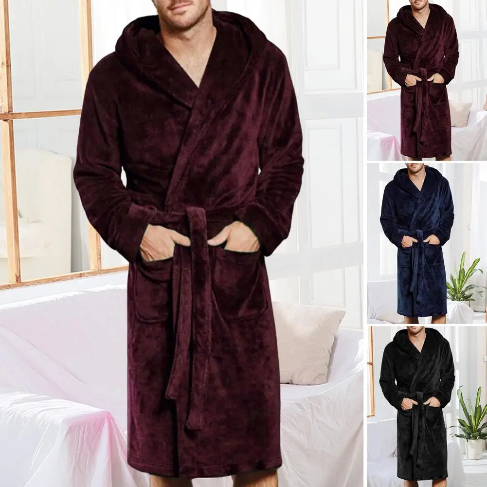 Cozy Men Bathrobe Knee-Length Plush Bathrobe Long Sleeve Men Winter Warm Lengthened Plush Shawl Bathrobe  Anti-freeze