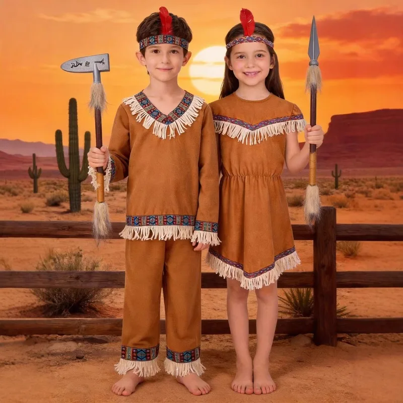 

Boys Girls Wild Man Cosplay Costume Indian Indigenous Performance Clothing with Props Halloween Chiefs Play Role Dress up