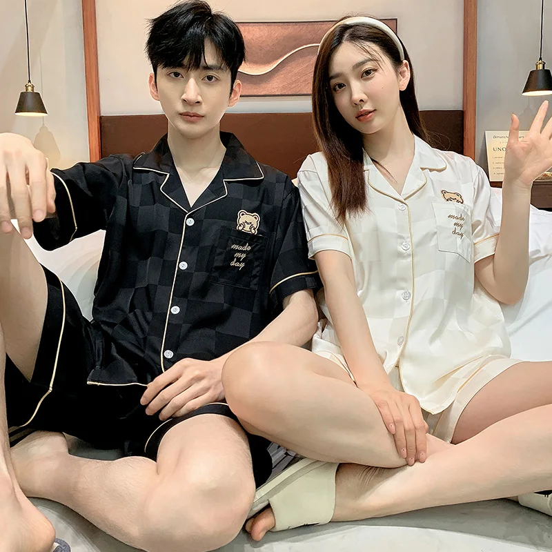 

Korean Fashion Couple pajamas female summer new short-sleeved shorts men loose homewear suit Ice Silk Cardigan Pajamas Set