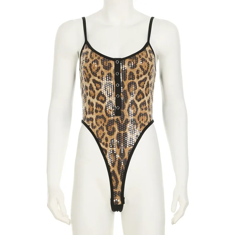 

Women Y2K Wild Sexy Sequins Leopard Print Patchwork Camis Bodysuits Low Neck Spaghetti Strap Backless Club Romper Streetwear Top