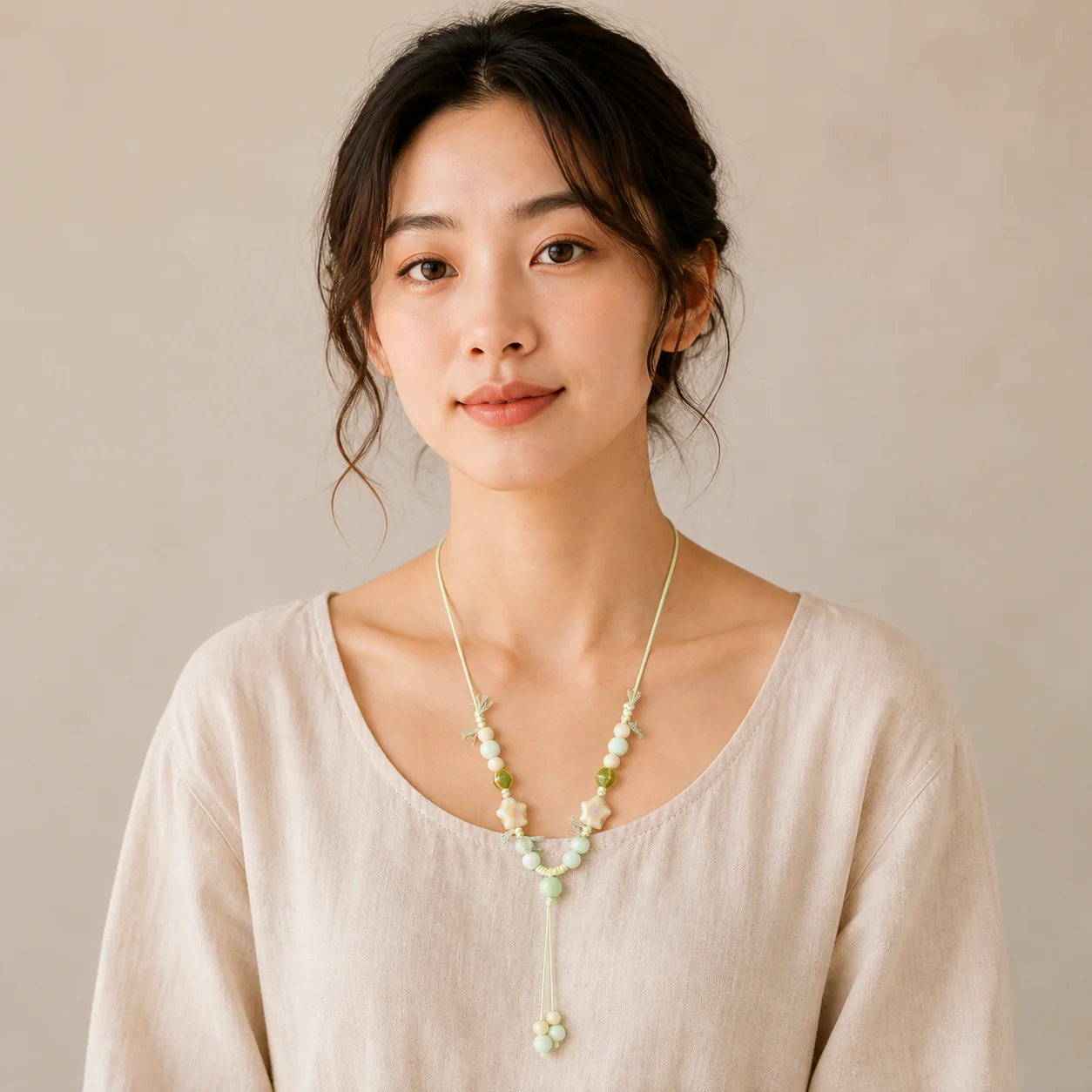 Green Fluorescent Handmade Ceramic Necklace Handwoven Waxed Cord Star Beads Adjustable Pendant Artisan Jewelry 608P1-16