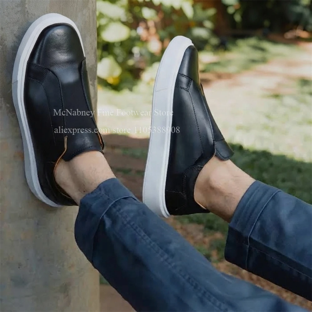 Smooth Leather Stitch Slip on Men Casual Shoes Handmade Round Toe Flat Sneaker Comfortable Daily Walking Office Plus Size Autumn