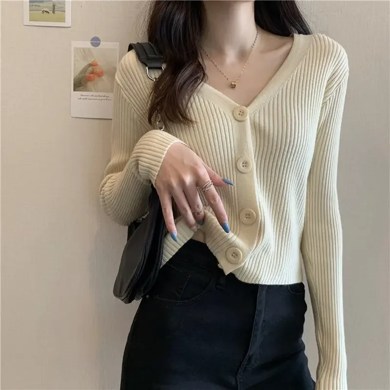 Woman Sweaters Cardigan V-neck Knitted Cardigan Sweater Coat Women\'s Autumn Outer Wear White Long-Sleeved Top Sueters De Mujer