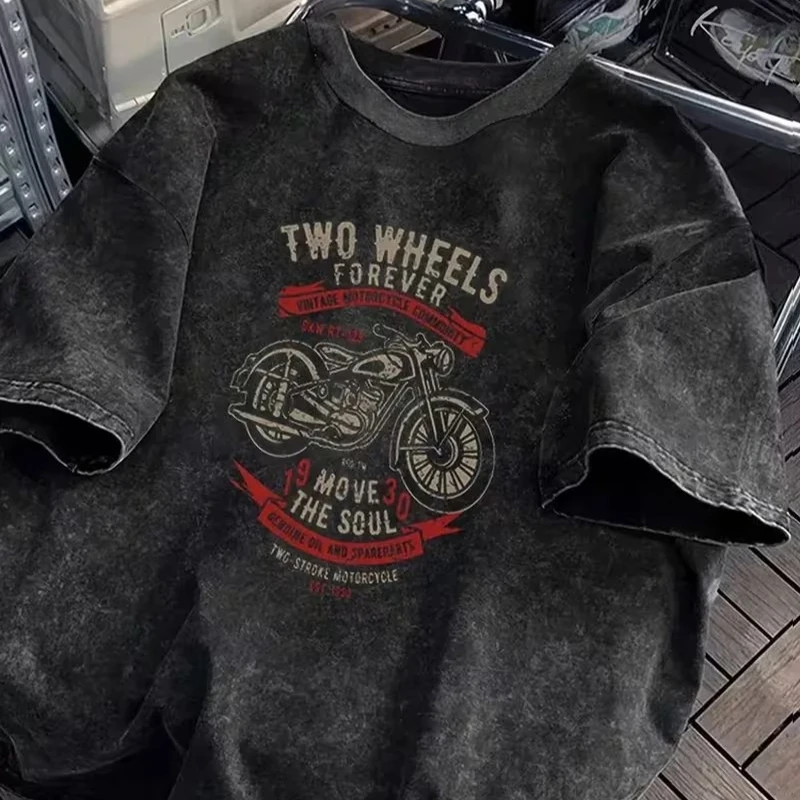 Vintage Washed California Riders Motorcycle T‑Shirt Distressed Retro Biker Letter Graphic Print Men Short Sleeve Cotton Tee Tops