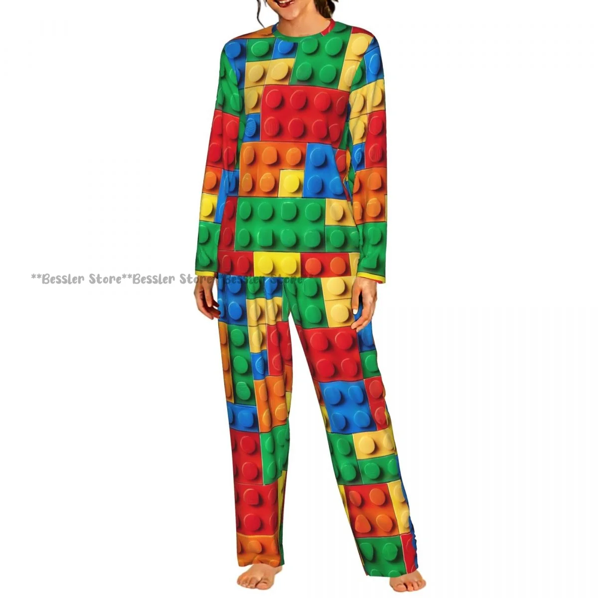 Women Casual Round Neck 2PCS Sleepwear Set Long Sleeve Shirt & Long Pants Colorful Building Blocks Bricks Daily Home Loungewear