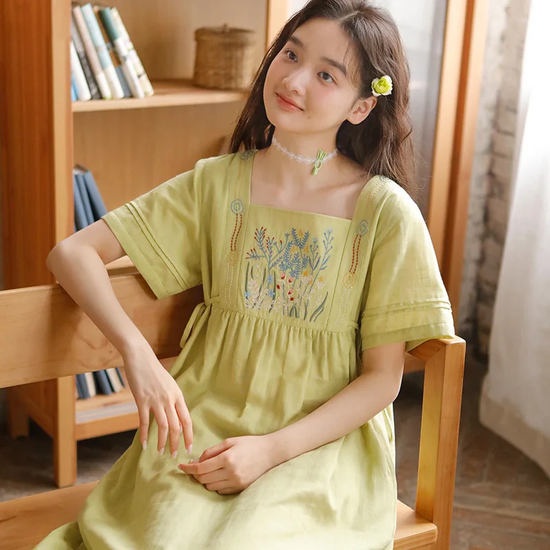 Sweet 100% Cotton Embroidery Nightgowns For Women Short Sleeve Sleepwear Vintage Princess Elegant Loose Home Dress
