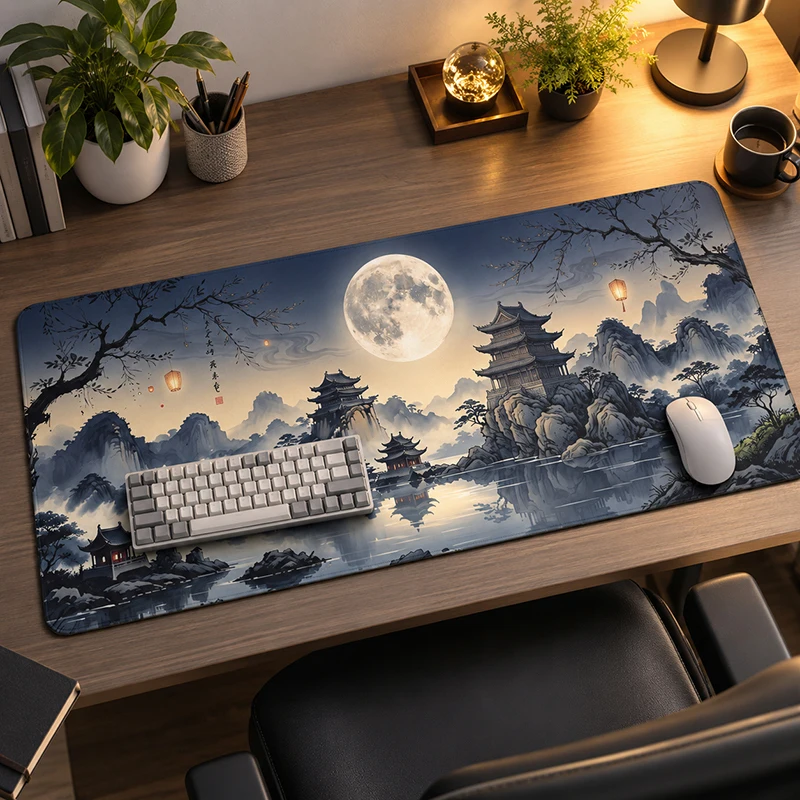 Mouse Pad Ink Wash Painting Moonlit Night Gamer printon demand Mousepad XXL Mouse Mat Carpet Non-Slip Natural Rubber