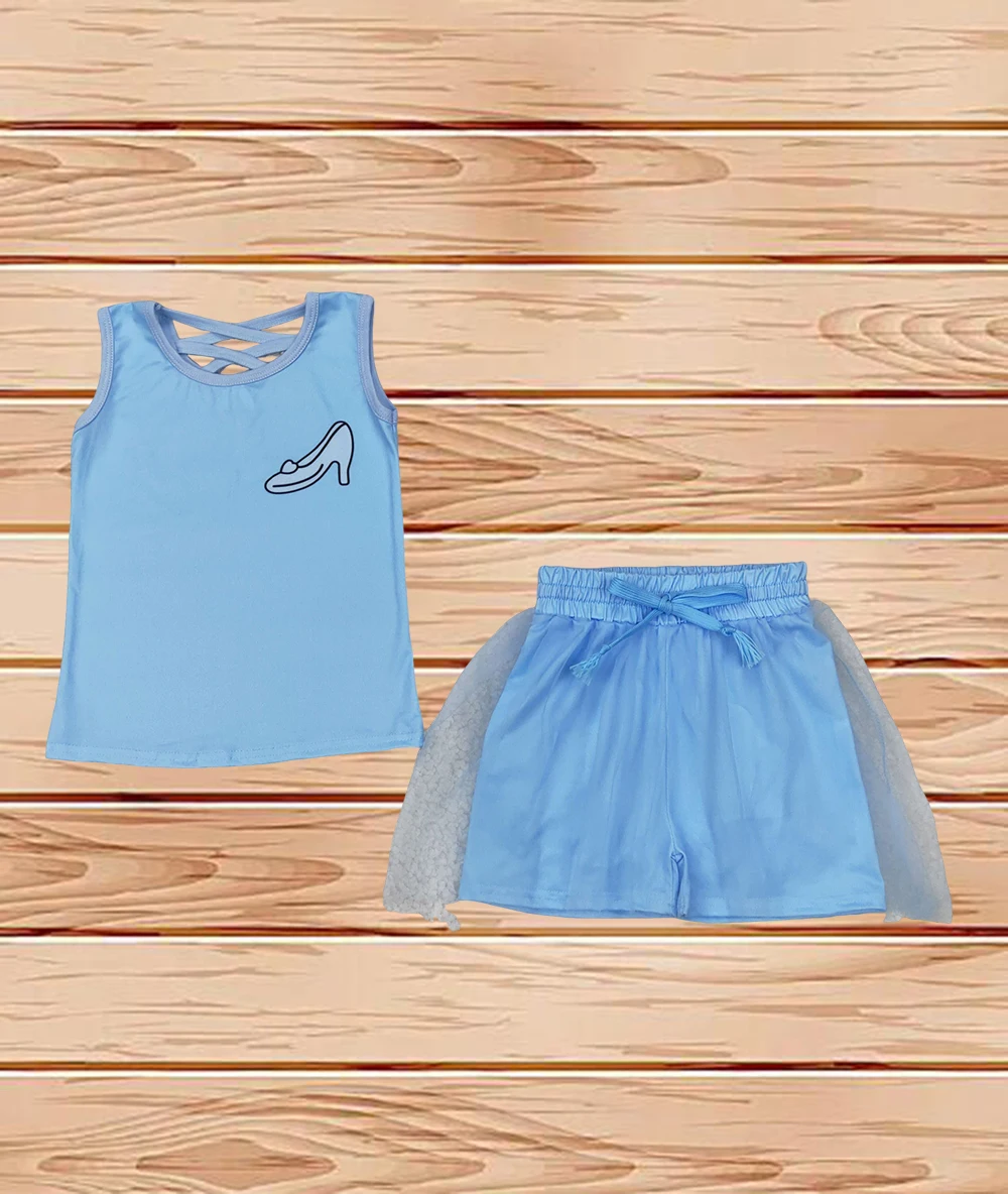 

3.25 Wholesale Western Boutique children clothing Baby Girls Light Blue Princess Shirt Skirt Clothes Sets