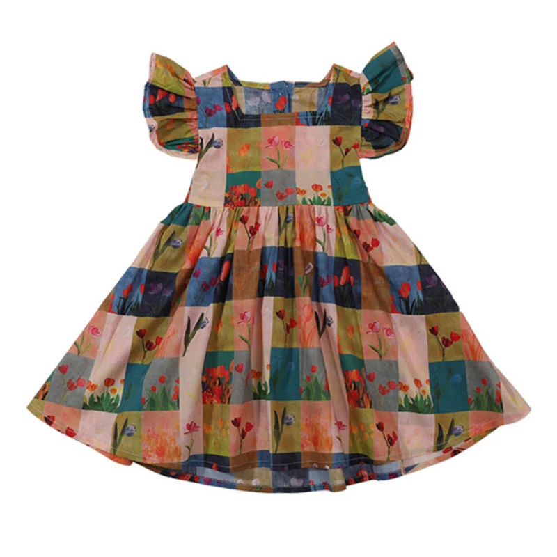 Summer Short Sleeved Plaid Bow Little Girl Floral Princess Dress for Children's Day Graduation Ceremony Sweet and Lovely Dress