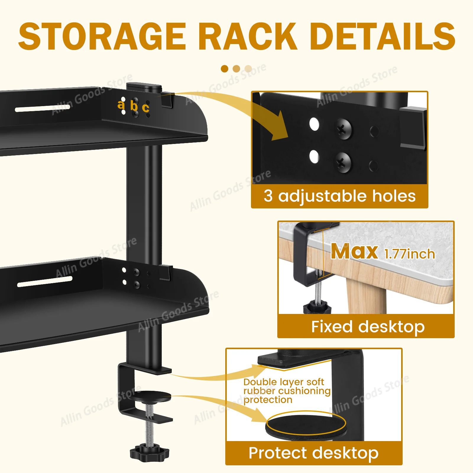 2-Tier Clamp On Desk Shelf No Drill Adjustable Metal Desktop Organizer Space Saving High Load Bearing Computer Storage Rack