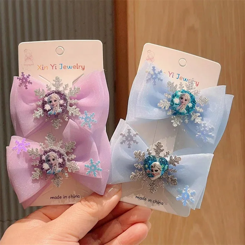 2Pcs/pack Girls Elsa Hairclip Princess Girl Bow Hair Clips Baby Girl Party Gift