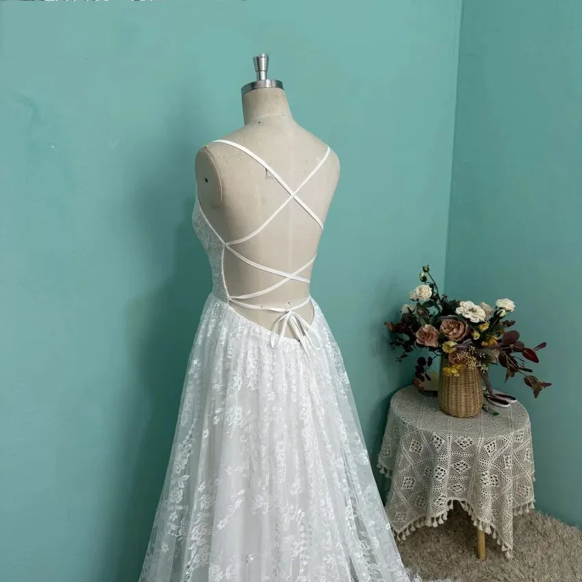 Romantic Boho Full Lace Wedding Dress Women Spaghetti Straps Deep V Open Back Lace Up A-Line Bridal Gown For Bride Chapel Train