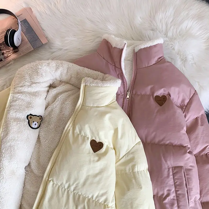 Harajuku Sweet Love Bear Embroidery Parkas Stand Collar Zippers Thick Warm Coats Women Korean Fashion Winter Jackets Feminino