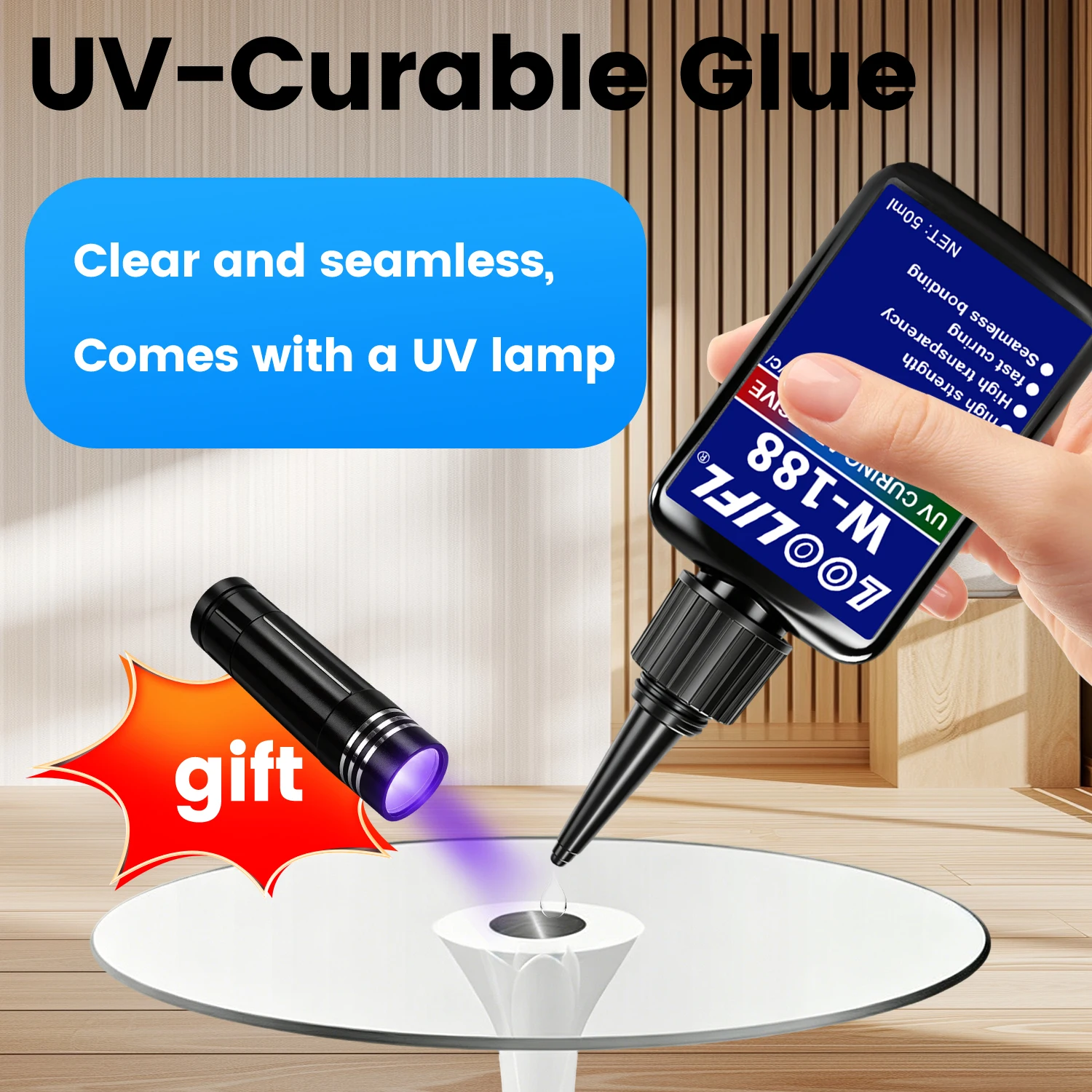 W188 UV Resin Glue Super Strong 50ML High Strength UV Curing Adhesive Transparent Waterproof For DIY Craft Glass Crystal Repair