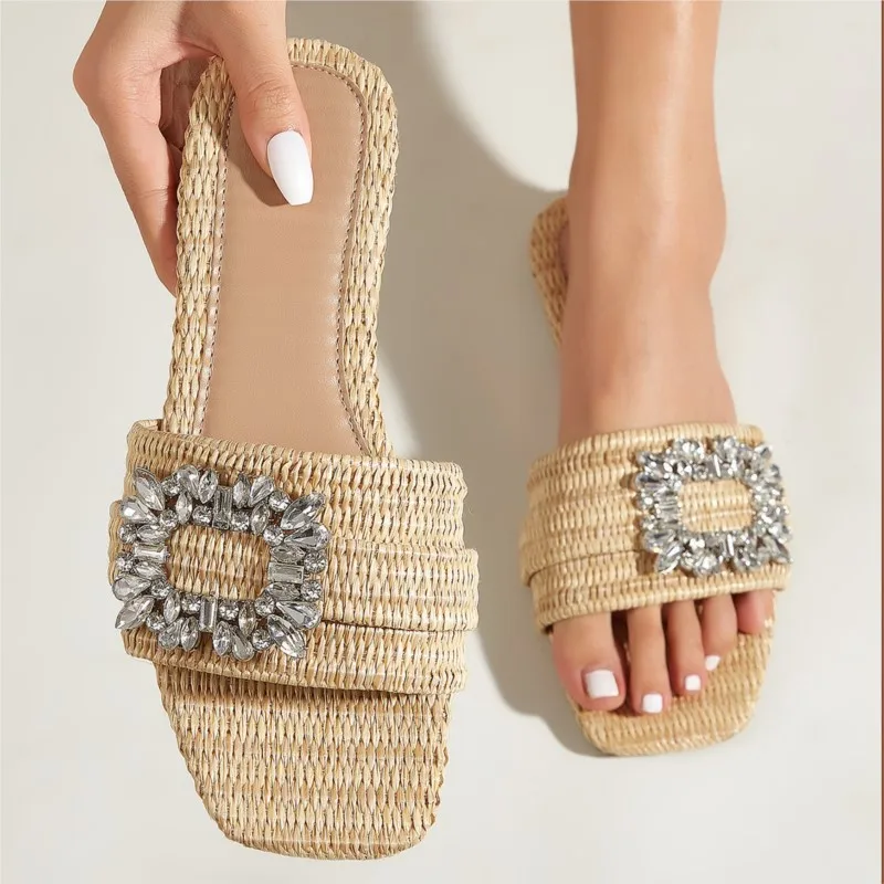 

Summer fashion square head woven flat heel women's slippers crystal sandals beach daily casual hundred slippers women