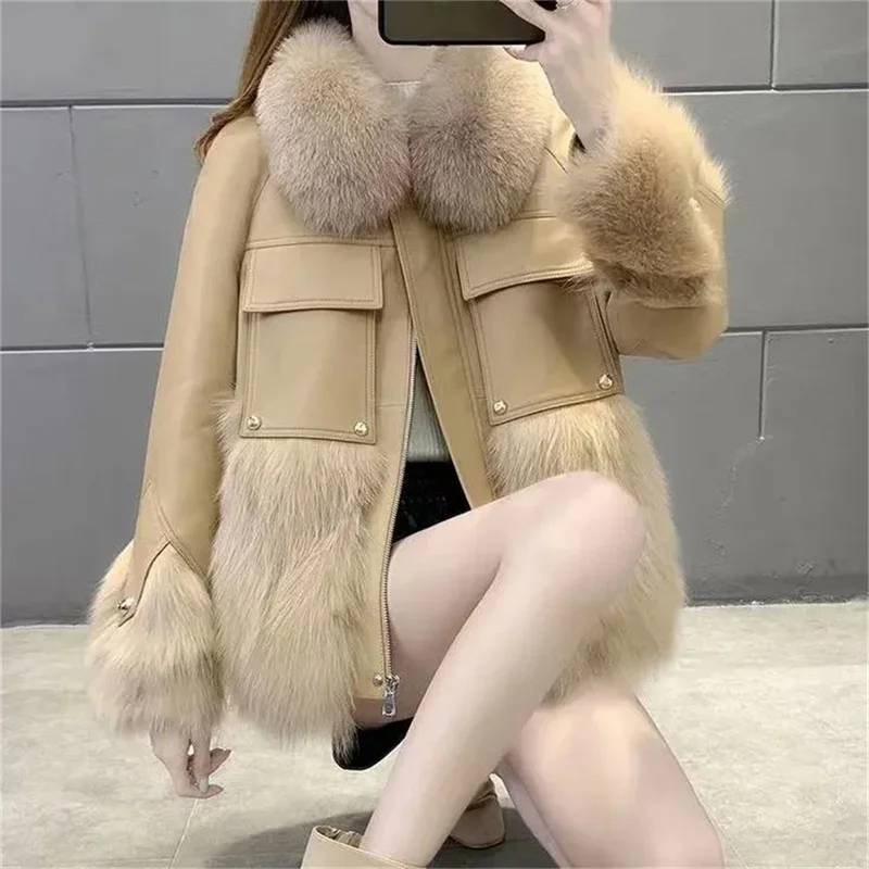 2023 New Winter Coat Lmitation Fox Fur Coat Women\'s Short Stitching Sheepskin Motorcycle Korean Cotton Jacket Female Parka