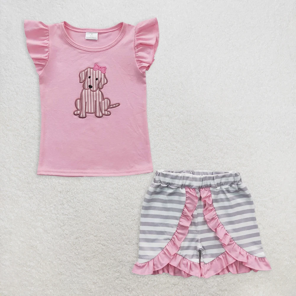 

Baby Girls Summer Outfit Set Pink Dog Shirt And Stripe Shorts Pink Dog Shorts Sets for Kids Girls