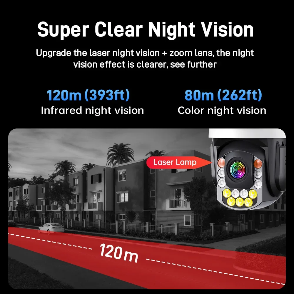 كاميرا مراقبة واي فاي PTZ 50X بصرية بدقة 8 ميجابكسل 4K وشاشتين معدنية خارجية لاسلكية 360 درجة °   كاميرا IP الأمنية للمنزل الذكي iCSee