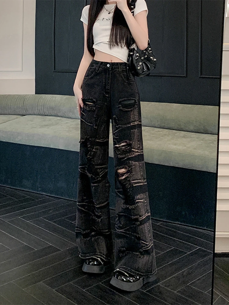 Women Black Gothic Y2k Ripped Jeans Harajuku Denim Trousers 90s Aesthetic Punk Emo Jean Pants Vintage 2000s Trashy Clothes 2024