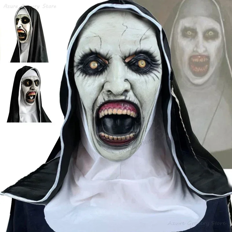 The Horror Scary Nun Latex Mask W/Headscarf Valak Cosplay for Halloween Costume Face Masques with Headpiece