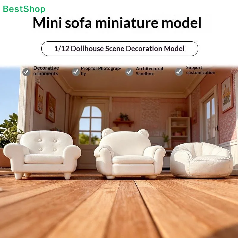 ☽1:12 Scale Mini White Sofa Adorable Bear Ear Design Soft Smooth Texture For Dollhouse Decor Diorama Photography Props
