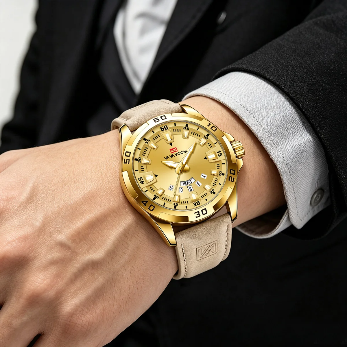 Men Watch Black Leather Strap Sport Style 45mm Quartz Movement Clock Daily Wear Casual Military Style Waterproof Men Wristwatch