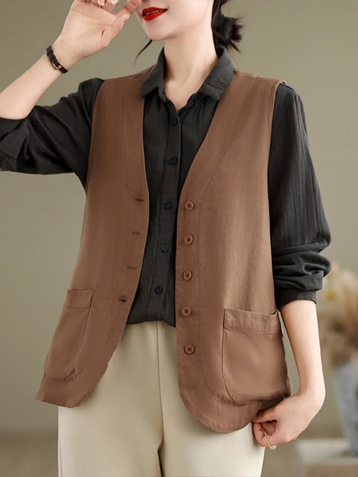 Vrouwen Katoen Linnen Vest ort Svel V-Ne Jaet Dunne Bovenkleding Top Koreaanse Sle Retro Lente Herfst Gelaagdheid Kleding