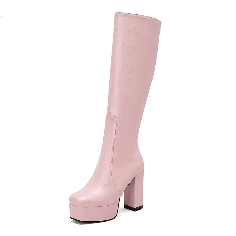 Women Platform Knee High Boots Block Heel Platform Side Zipper PU Wide Calf Long Boots Large Size 34-43 Party Boots A7-1