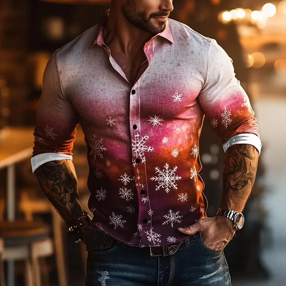 Men's Snowflake Gradient Color Shirt Fashion 3D Printed Shirt Button Up Shirt Casual Long Sleeve Shirt Street Blouse For Mens