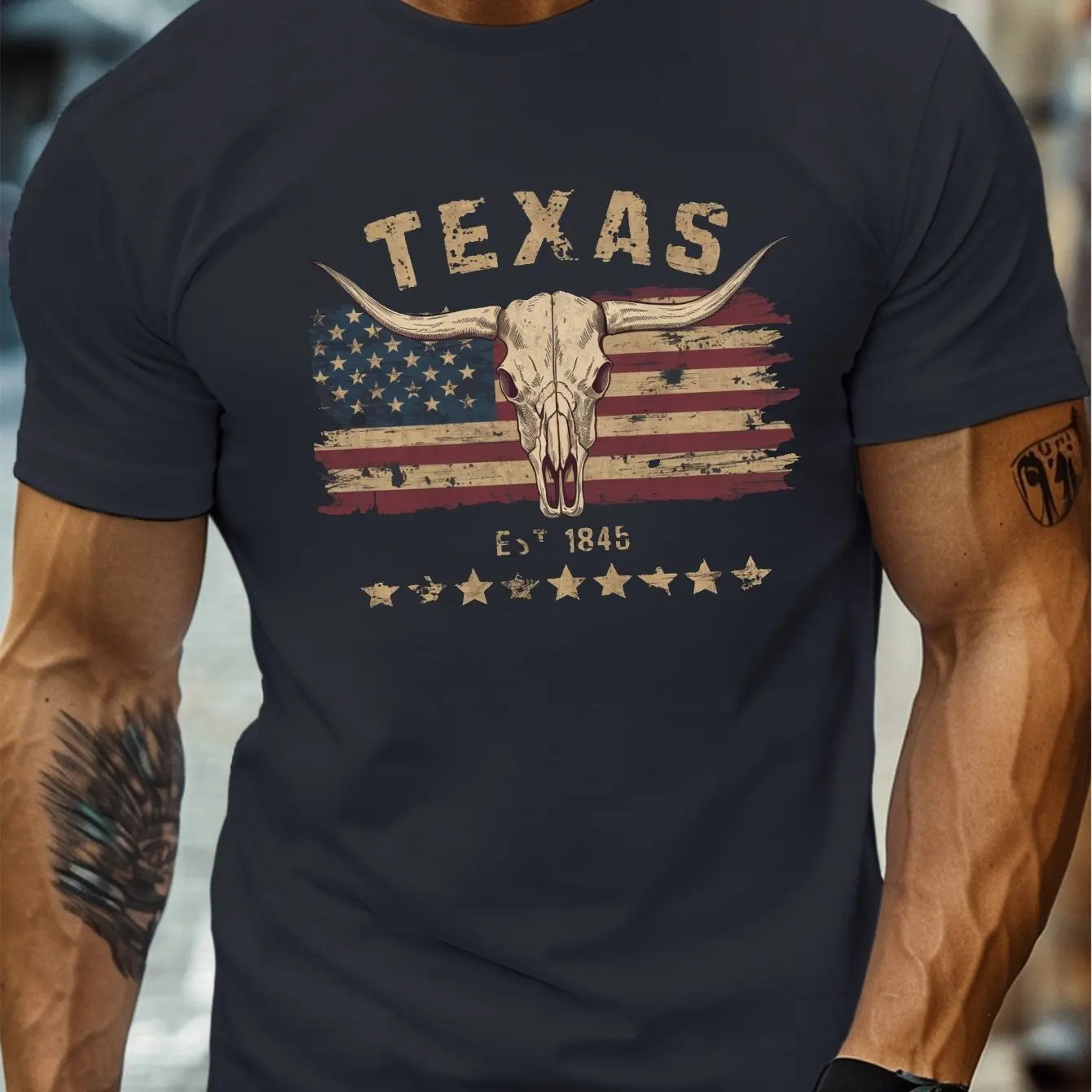

2025 Men's Summer Fashion Casual Loose T-shirt Texas Longhorn Bull Bone Pattern Printed Round Neck Short Sleeve High Quality Top