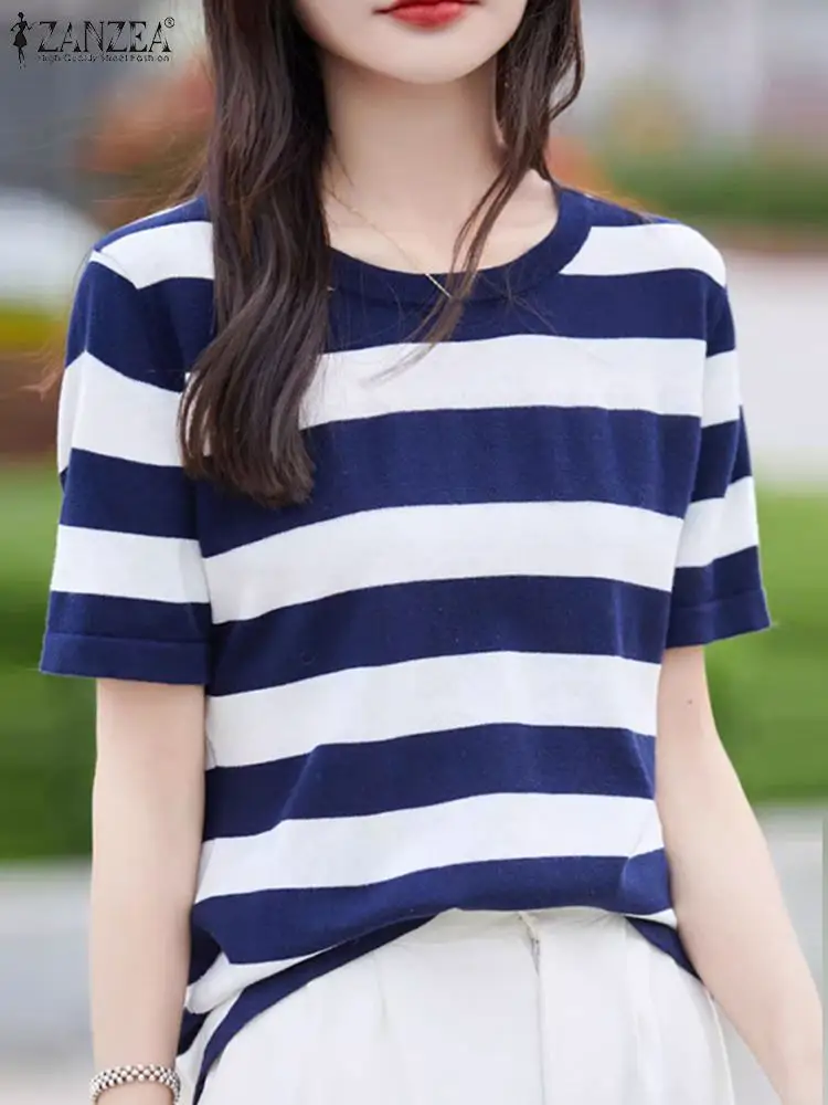 Women Summer Striped Blouse 2024 ZANZEA Elegant OL Work Shirt Casual O Neck Short Sleeve Blusas Stylish Holiday Tops Tunic Femme