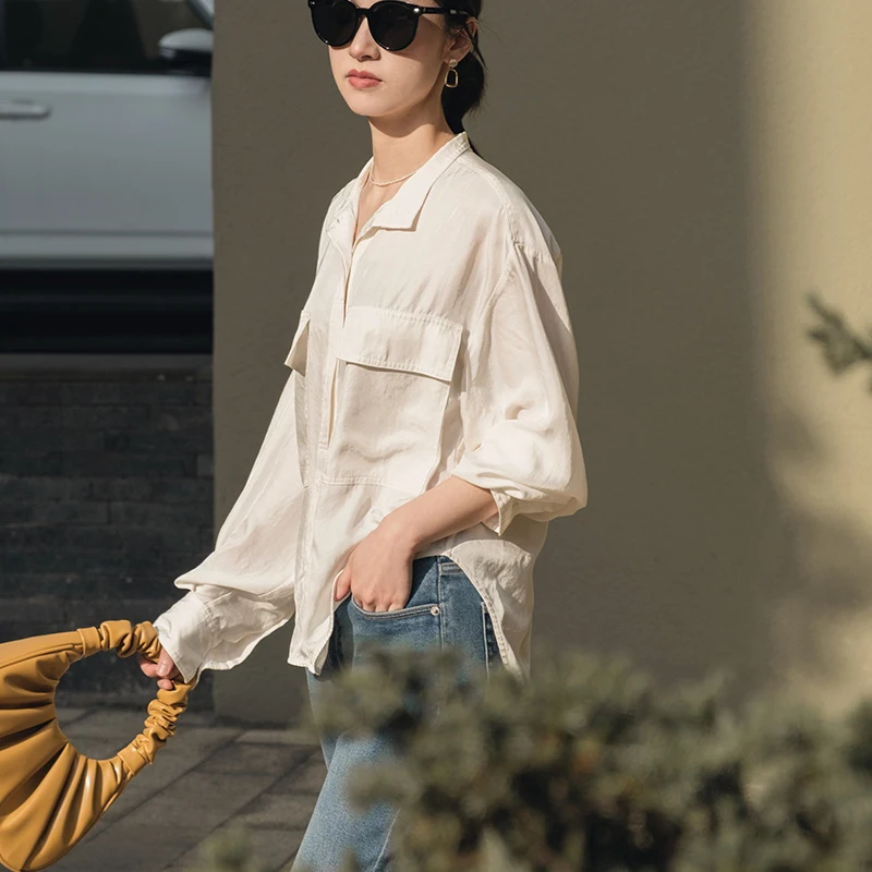 

YOYO Women's irt Stand Collar Long Sve Anti-Wrinkle Soft Double ket Design Summer Faion Simple Sle White Cotton B...