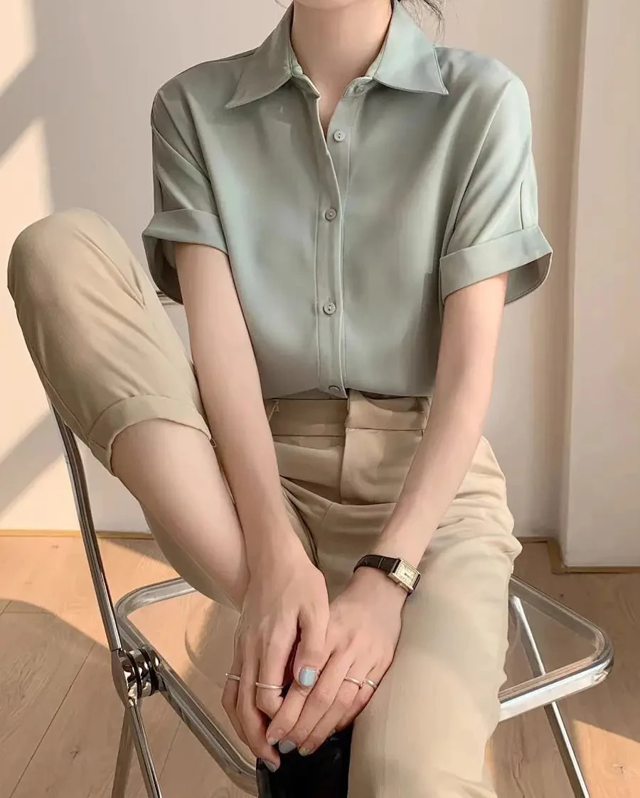 우아한 빈티지 여성 솔리드 반팔 셔츠 한국 패션 여름 여성 블라우스 캐주얼 심플 의류 탑 여성 트렌디