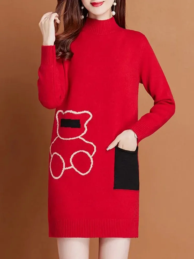 

Stylish Thickened Medium Length Women's Sweater Inner Wear Casual Fashion Knitted Dress Spring Autumn New Arrival