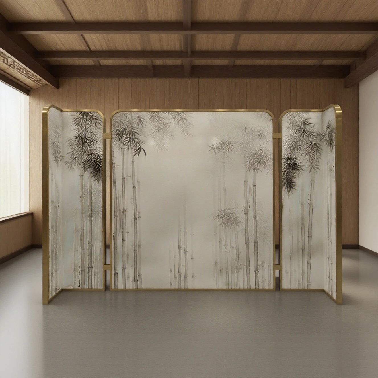 Traditional Ink - Wash Freehand Brushwork Hand -Painted Lacquer Screen Partition With Bamboo Pattern For Indoor Use