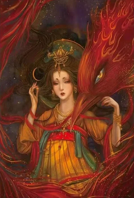 

Ancient Hanfu Beauty Red Phoenix Dark Starry Sky Jigsaw Puzzle,Oriental Myth Goddess Flame Feather Portrait Wall Decor Gift