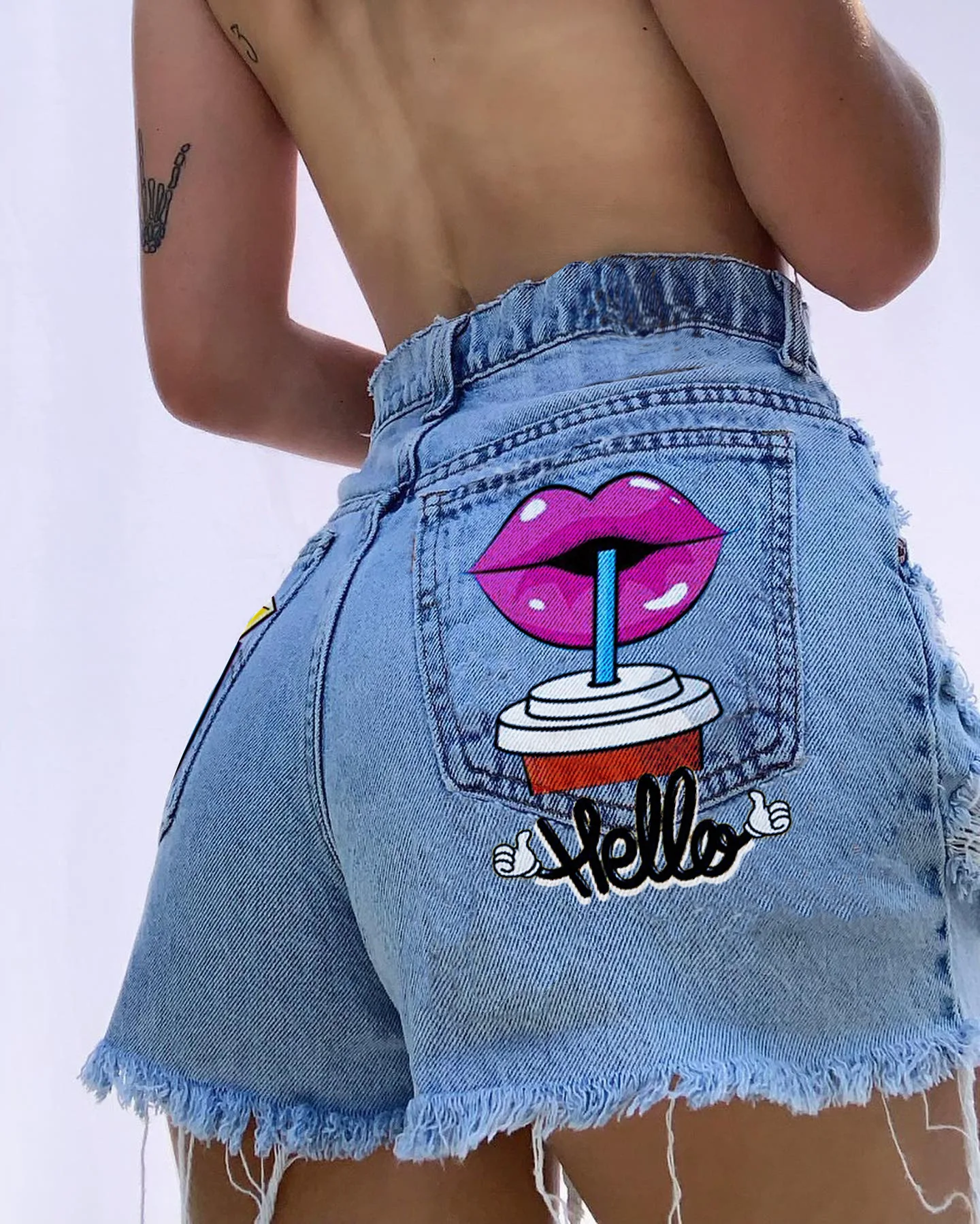 New Styledenim Shorts For Womenwomen's 2024 Summer New Spicy Girls Street Fashion Personalized Pocket Funny Print Pattern Ragged