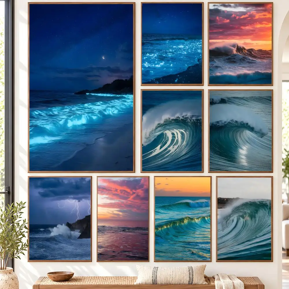 Tropical Ocean View Wave Curl Bioluminescent Waves Modern Poster Self Adhesive Matte Wall Art Removable Home Room Decoration