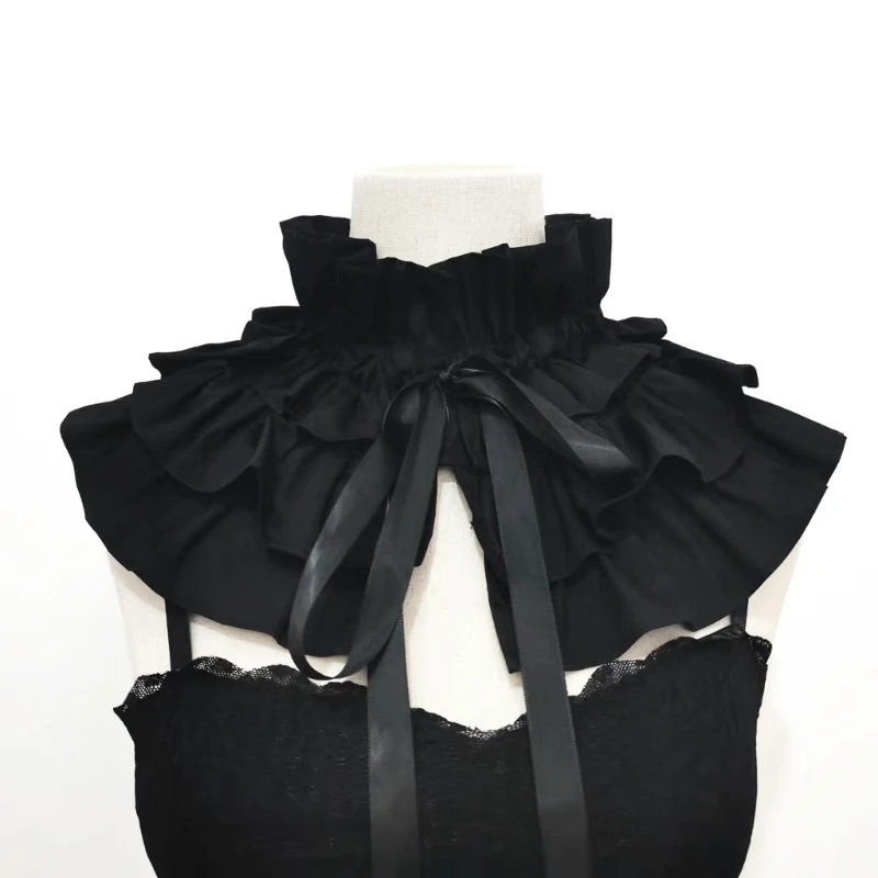 E15F Adjustable Multi Layer Lace Detachable Collar For Blouses Dresses Vintage Fashion Accessory In Black