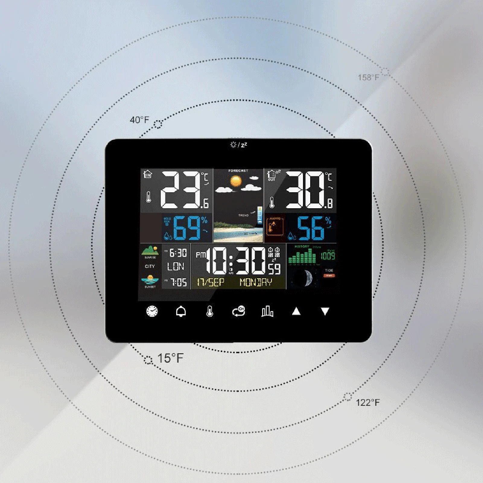 Reloj meteorológico Termómetro Higrómetro Reloj de pronóstico del tiempo Sensor RF Color de 7,8 pulgadas Fácil de leer para hora Fecha Fase lunar