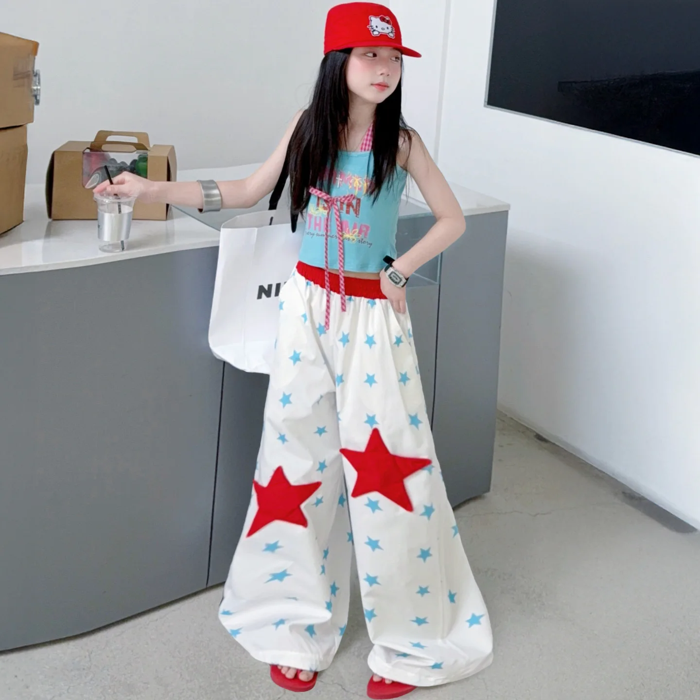 4-14 Girls' Strap Top Bow Vest Set Pants Five pointed Star Wide Leg Pants Summer Jazz Style Sweet Cool Children