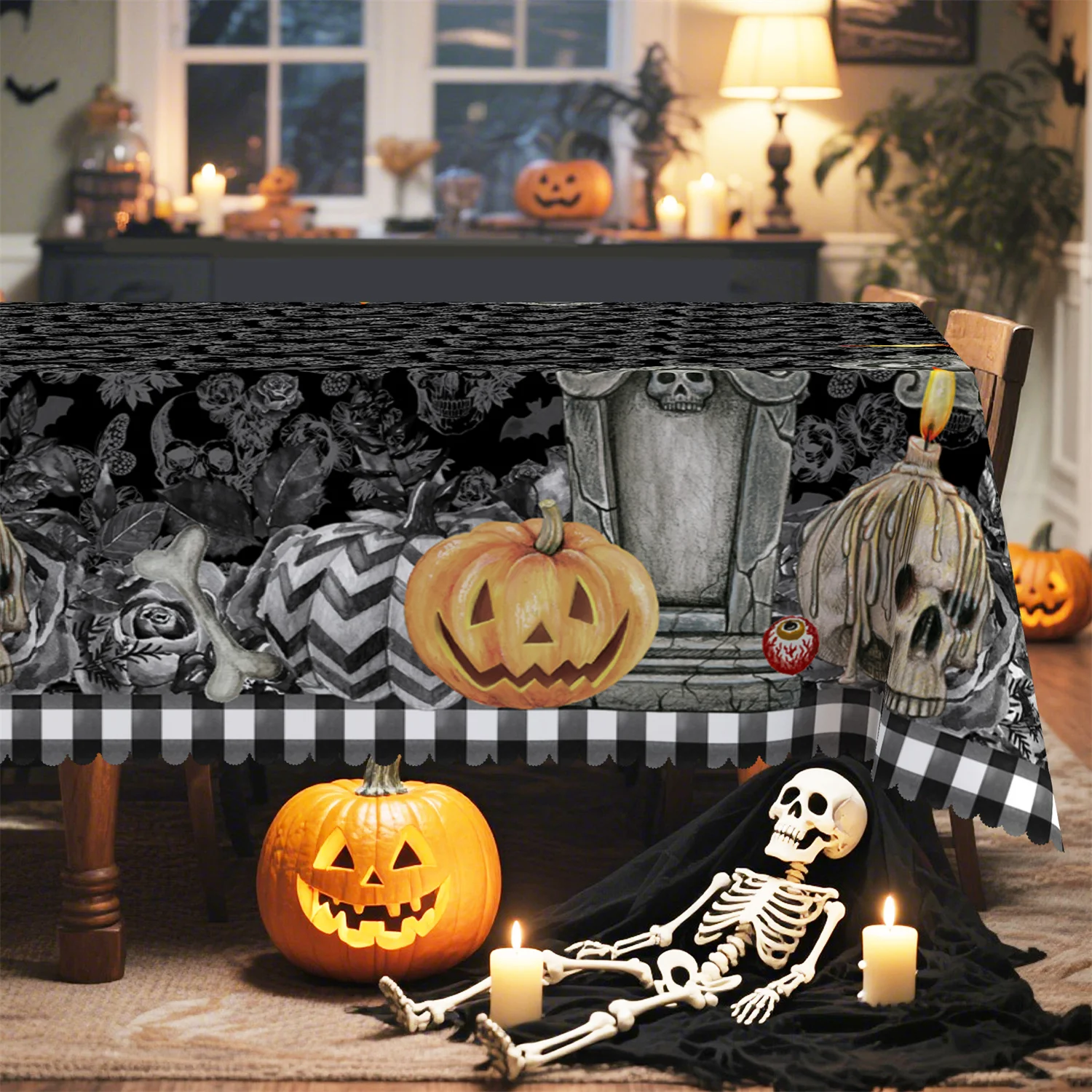 Buffalo Gourd Pumpkin Lantern Skull Candle Grave Marker Black Rose Halloween Tablecloth 1 packzyc