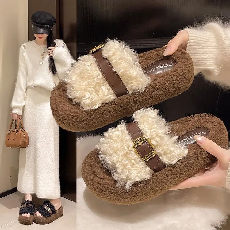 

Wholesale Women Fashion Slippers Round Toe Platform Sole Belt Buckle Open Toe Cotton Slippers Outdoor Fashion Plus-size Slippers