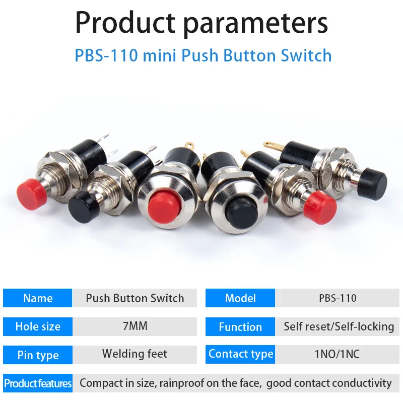 7mm Mini Push Button Switch PBS-110 5PCS Self reset Self-locking 1NO/1NC  2pins Inching Power Switch Red Black Head Round Button