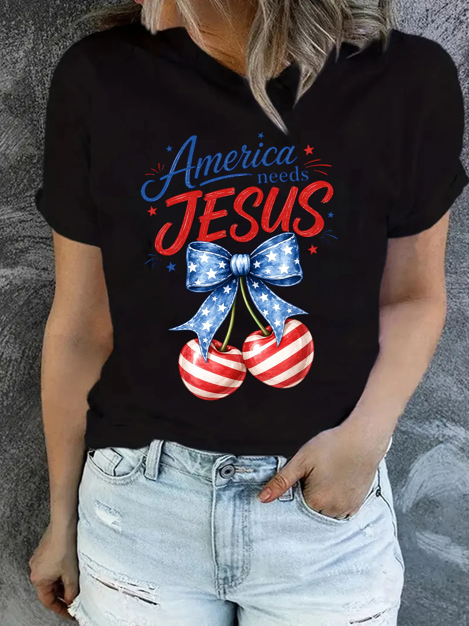 Women'S New Casual USA Needs T-Shirt -American Flag  Casual Short-Sleeve Top Featuring Cherry, Star-Spangled Bow, And Faith-Themed Prints - Women'S Religious Apparel Machine washable, stylish and versatile.
