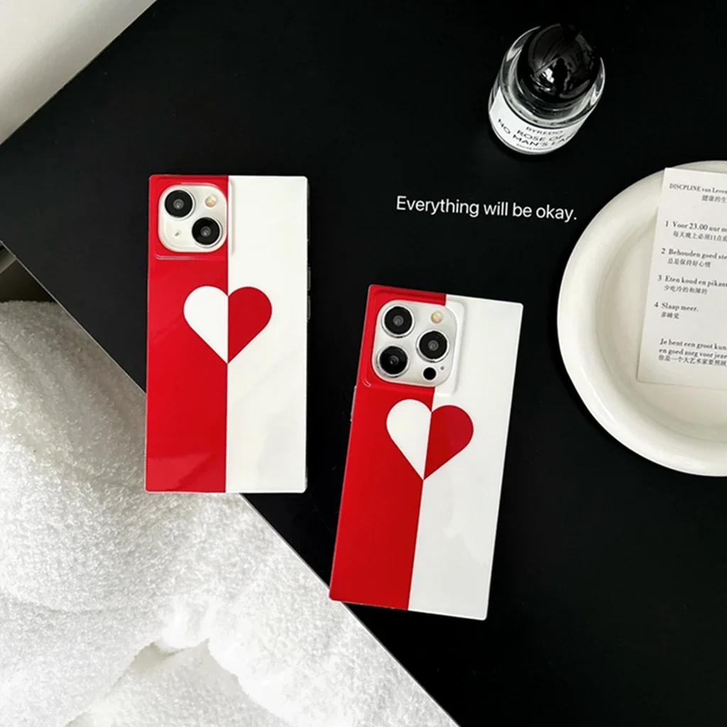 Stylish Simplicity Glossy Red White Splicing Love Rectang Corner Cover Case For iPhone 16 15 14 13 12 Pro Max