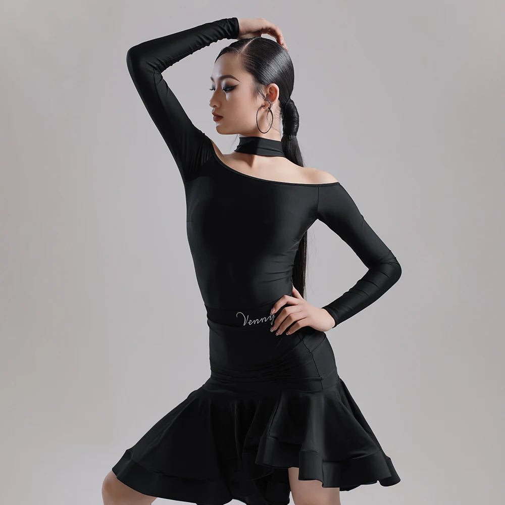 VENNY Latin dance dress new professional separate long sleeve neck black fashion training dress female adult