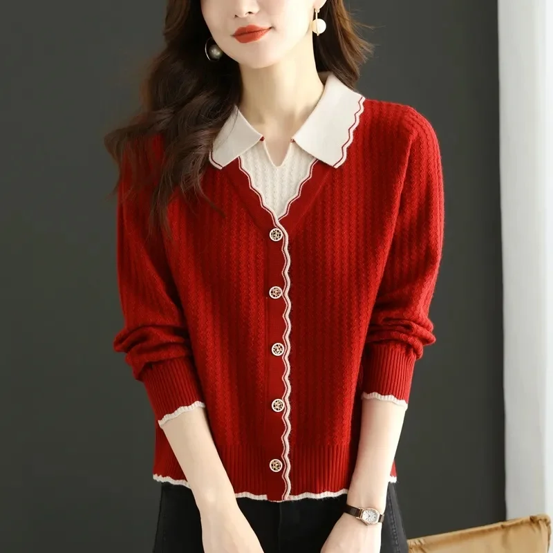 Women Fake Two Pieces Knitwear Autumn Winter Female Lapel Collar Color Blocking Sweater Ladies Large Size 4XL Pullover Knitting