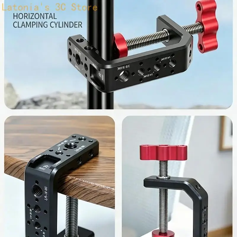 Kamera-Zubehörklemme für Rundrohrmontage, Aluminium-Superklemme mit Kaltschuh, 1/4, 3/8 Gewindelöcher für Schreibtisch oder X3UB – Detail 4