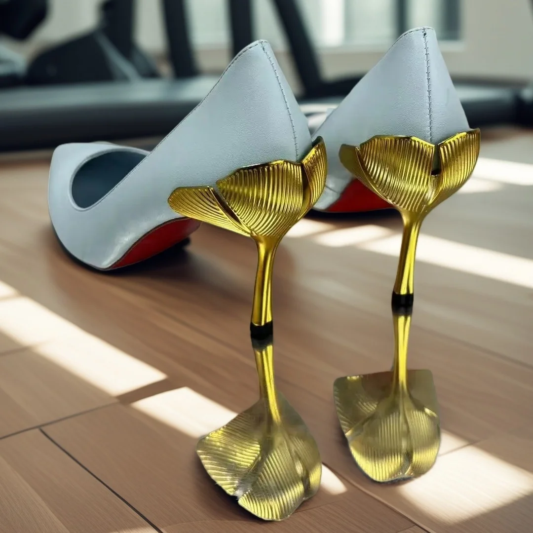 

Petal Shape Gold Metal Heel High Heels Pointed Toe Blue Leather Women’s Pumps Slip On Red Sole Single Shoes Female 35-43 Size